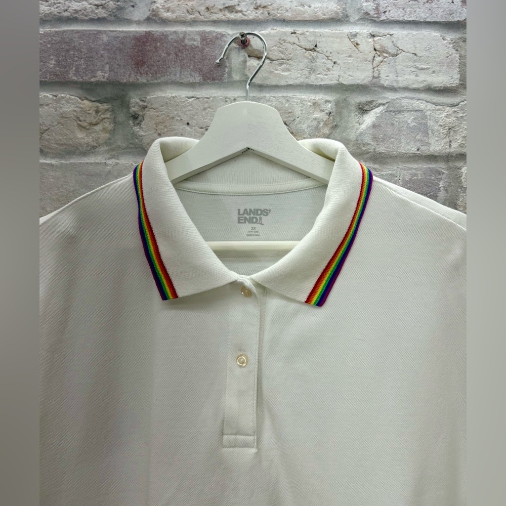 Lands End Womens Polo Rainbow Collared White Cotton Shirt Classic Costal 2XL - Picture 3 of 9